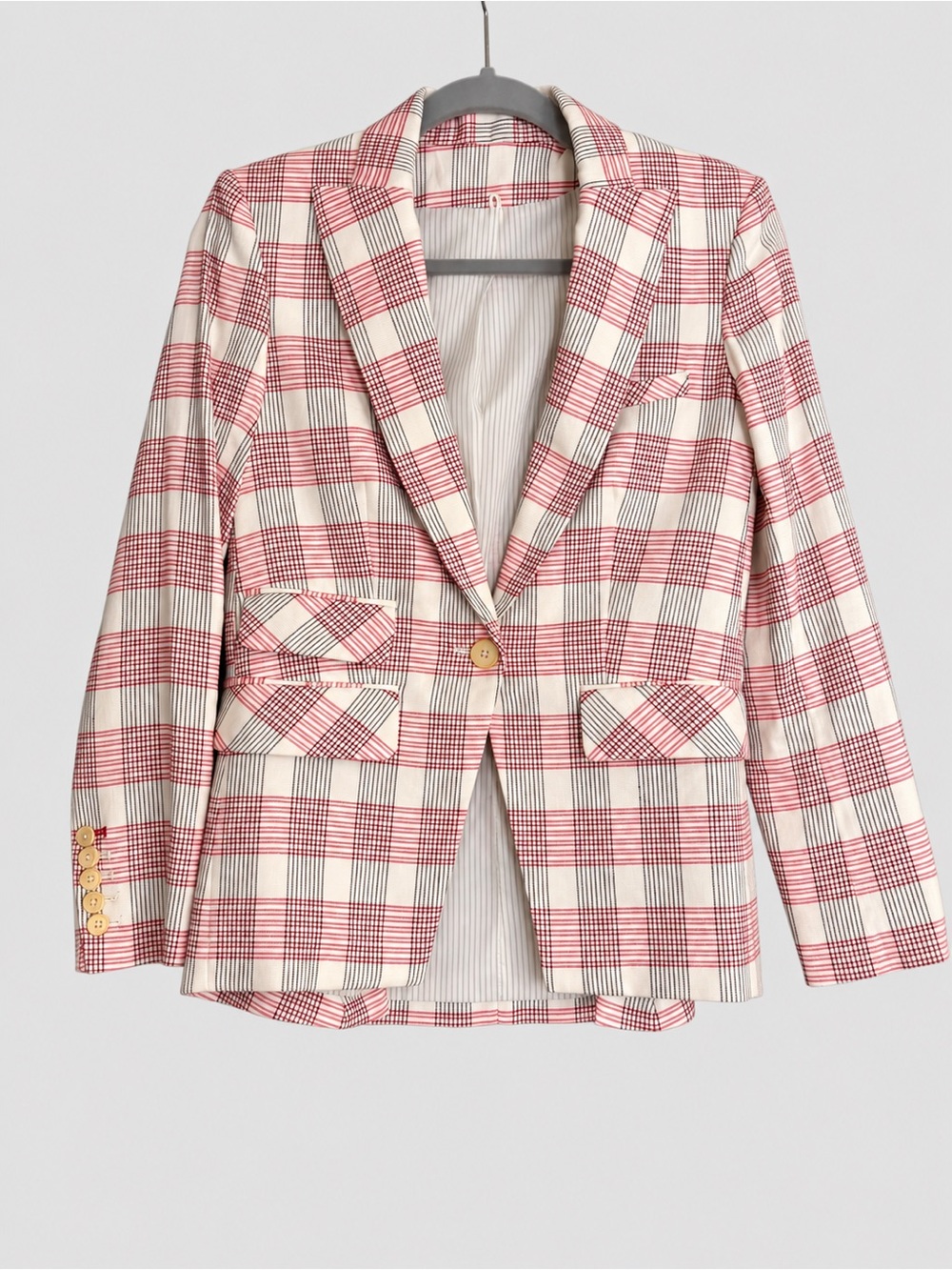 Veronica Beard Cream Red Plaid Linen-Blend Blazer Size 2